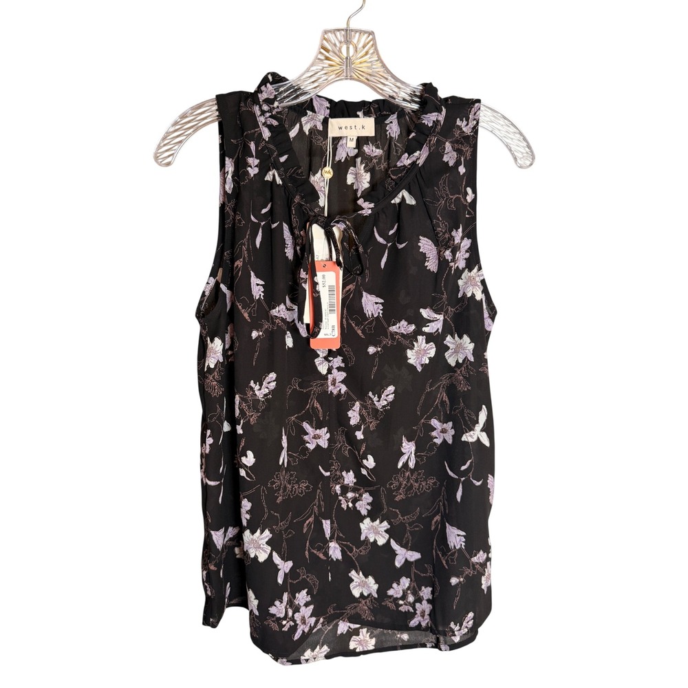 West K Sleeveless Floral‎ Woven Top Women Medium Black Lavender NWT Floral